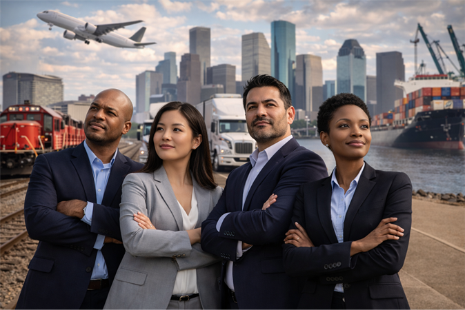 business professionals in front of various industries of supply chains for Houston shipping, railroad, plane