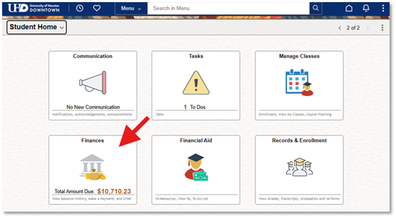 Screenshot of PeopleSoft main menu – Finances tile