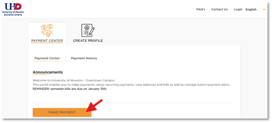 Screenshot of Make Payment button in PayMyTuition portal