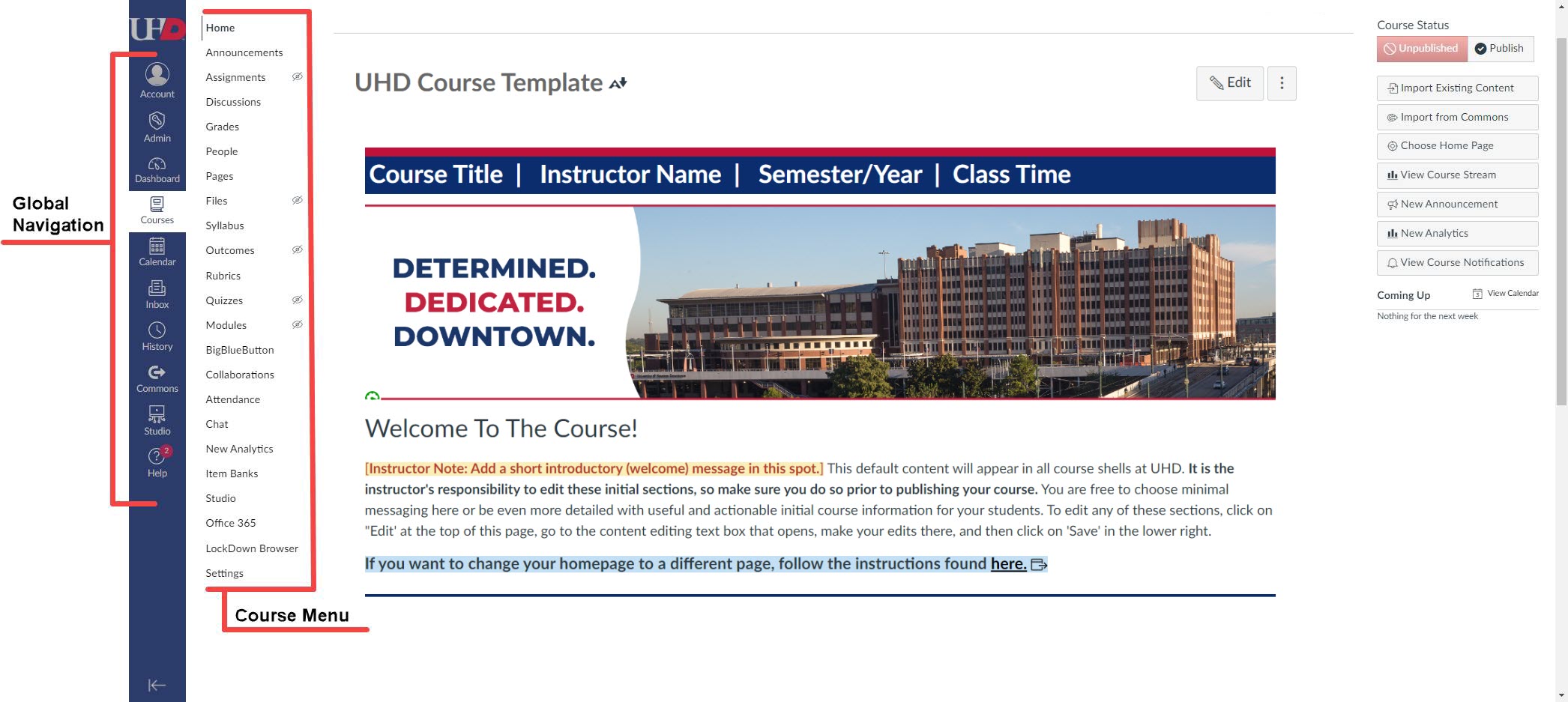 Canvas course navigation menu highlighted in the entry point of a course