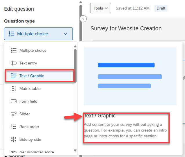 screenshot of the Question type menu in Qualtrics highlighting how hovering over a question produces a description box