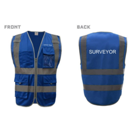 Front and back of blue and gray surveyor vest. Text reads, "front" and "back". Back of vest reads "Surveyor"