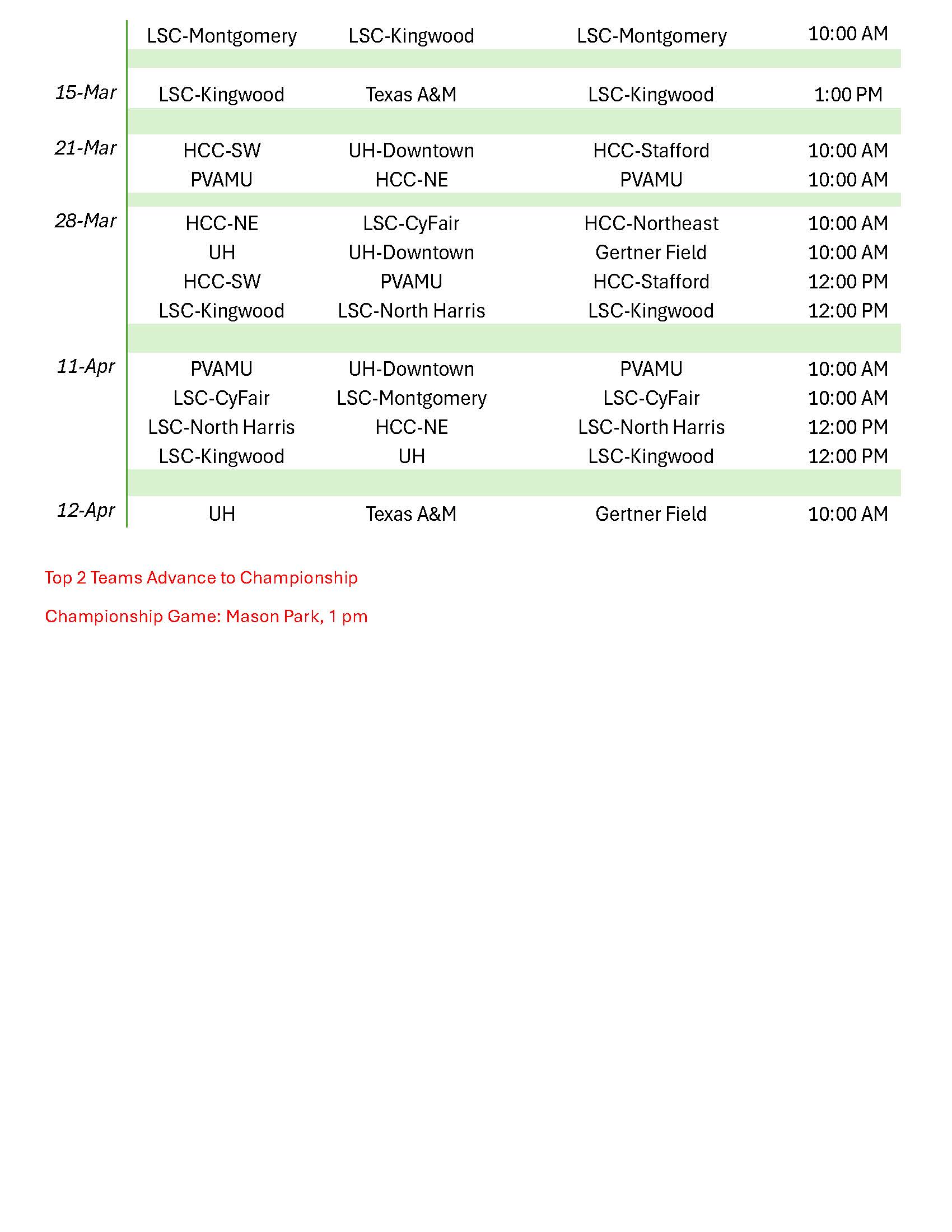 Mens Schedule Spring 2026