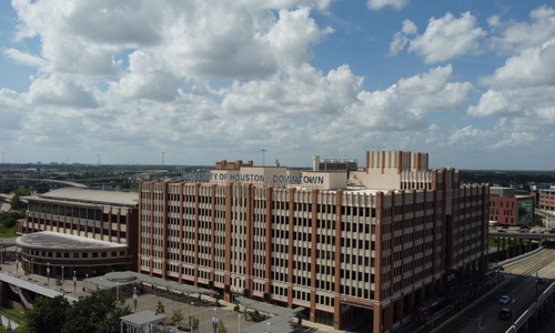 The University of Houston Downtown campus. One Main Building, Main Street, and Girard Street Building in Downtown Houston.