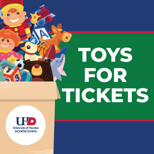 Children's toys in a box with the university of houston downtown logo. Text reads, 