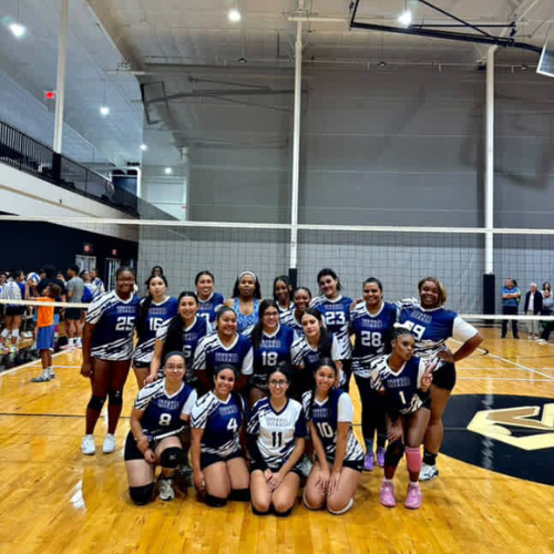 Women's volleyball team at the university of houston downtown smile a court 