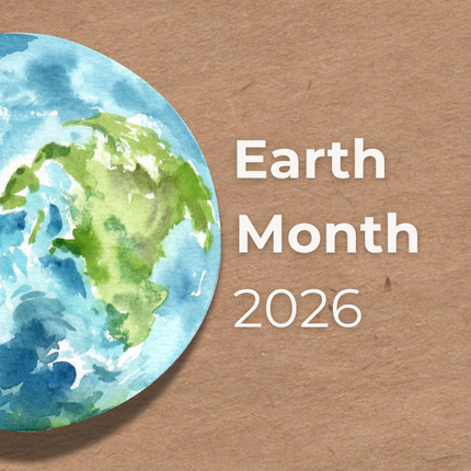 Text reads earth month 2026. Watercolor illustration of earth. 