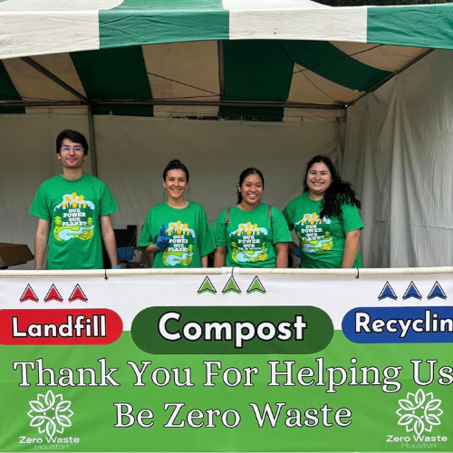 University of Houston-Downtown students at a zero waste tent at Discovery Green's Earth Day 2025 event in Downtown Houston. 