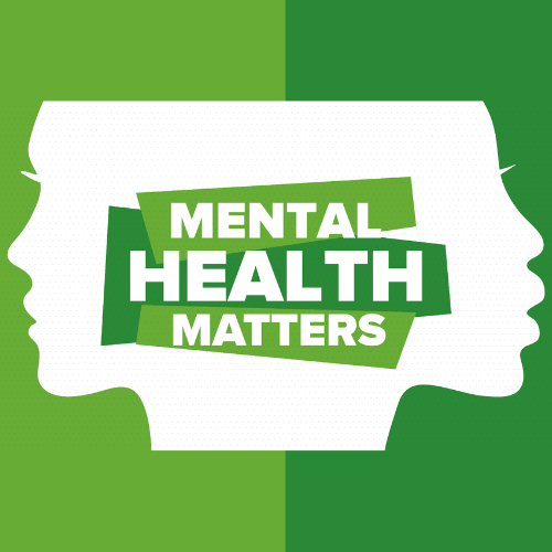 text reads mental health matters. Two side profiles of an adult's face